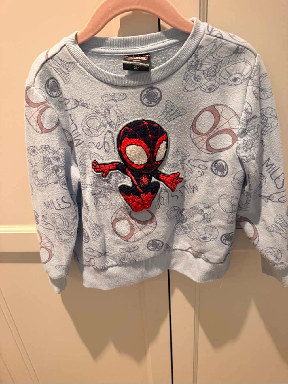 Marvel Men's Light Blue Crewneck Sweater with Red & Black Spider Patch